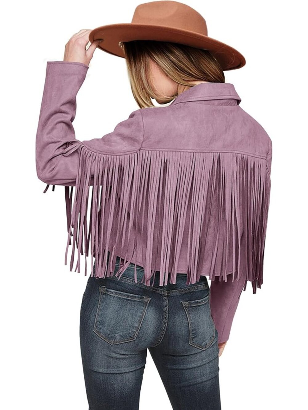 Women's Purple Fringe Suede Leather Tassel Detail  Motorcycle Cropped Jackets